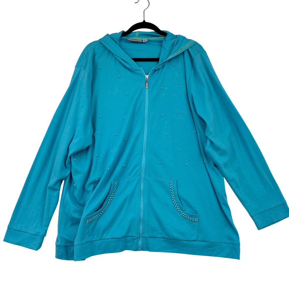 Quacker Factory Zip Up Hoodie Size 3X Turquoise Blue Faux Pearl Embellished